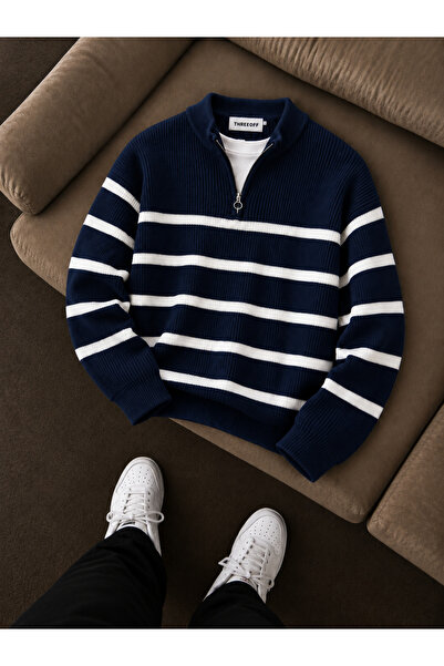threeoff Men's Oversize Knitwear Sweater Zippered Collar Thessaloniki Knit Co...
