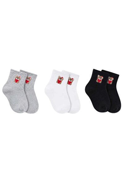 Şerife Hanım Women's Teddy Bear Patterned Short Socks 3-Piece Set |   80% Cot...