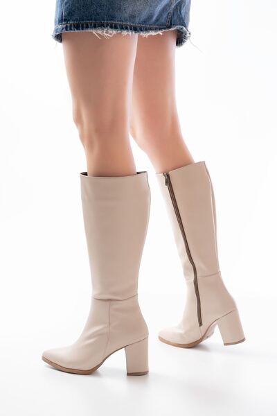 Zerenyus Zri̇n-44222 Premium Pointed Toe Beige Heeled Zippered Boots
