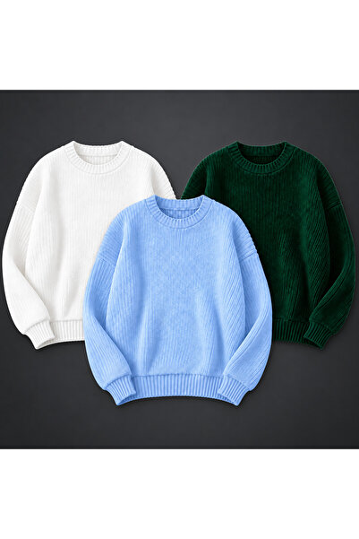 threeoff Set of 3 Men's Crew Neck Knitwear Sweater High Neck Long Sleeve Casu...