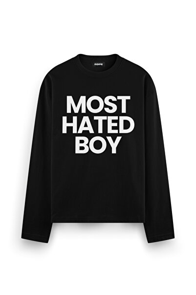 ROPE COUTURE Most Hated Boy Printed Long Sleeve Oversize Fit T-Shirt Black