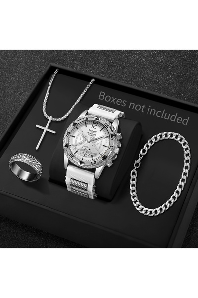 Choice White Silver No Box 4PCS/Set Fashion Silicone Strap Men Quartz Wristwa...