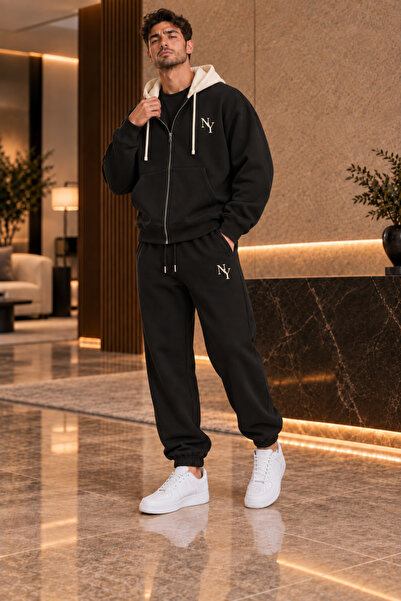 FECCY Premium Unisex Printed Hooded Zippered Cardigan Tracksuit Set 3 Thread Threaded