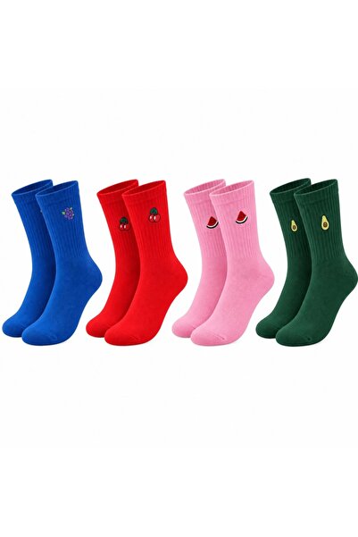 Şerife Hanım Women's Socks with Fruit Embroidery, Colorful Set of 4, Grape Ch...