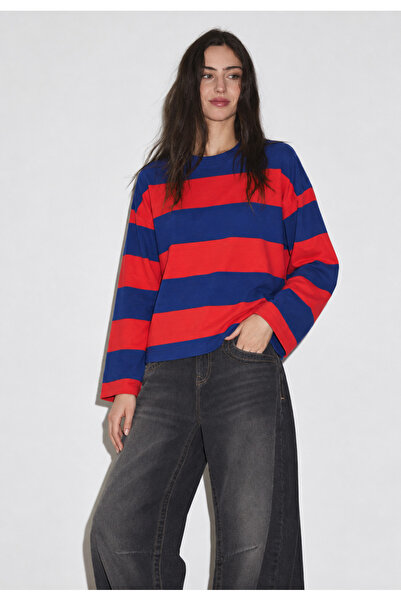 Yefrastore Kadın Lacivert Kırmızı Çizgili Bisiklet Yaka Oversize Sweatshirt