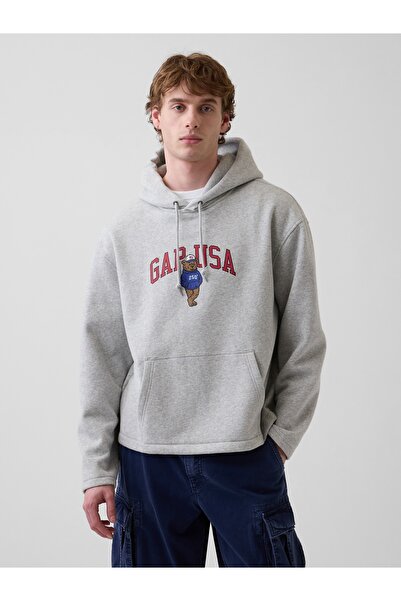 GAP Erkek Açık Gri VintageSoft Oversized Americana Logo Sweatshirt