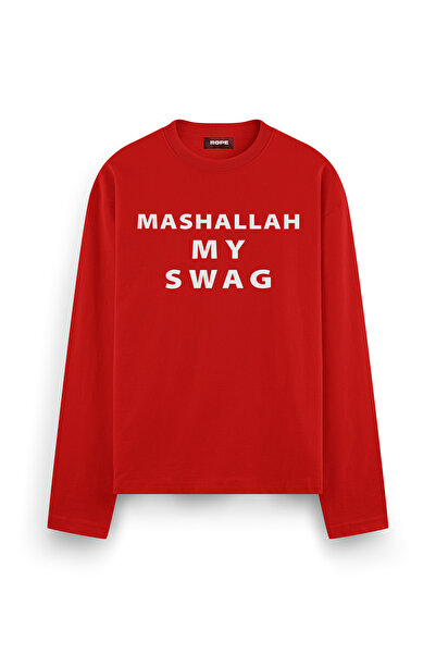 ROPE COUTURE Mashallah My Swag Baskılı Uzun Kollu Oversize Tişört Kirmizi