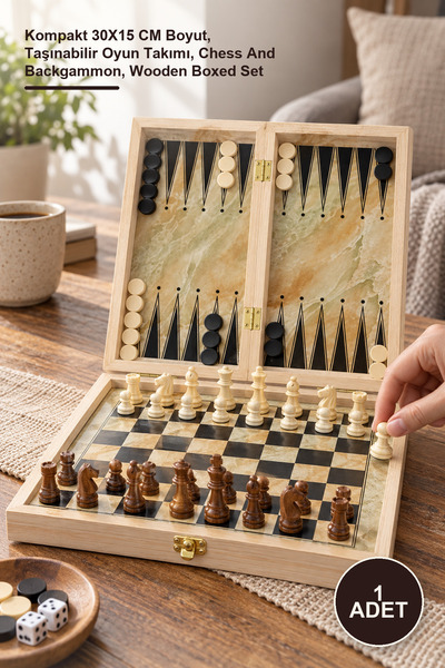 Yenilig 1 Adet Ahşap Kutulu Satranç Ve Tavla Seti – Kompakt 30X15 CM Boyut, Taşınabilir Oyun Takımı, Chess And Backgammon, Wooden Boxed Set