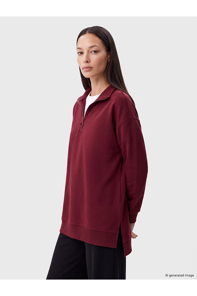 LC Waikiki Nevavm Burgundy Stand Collar Women's Sweatshirt Tunic with a Diffe...