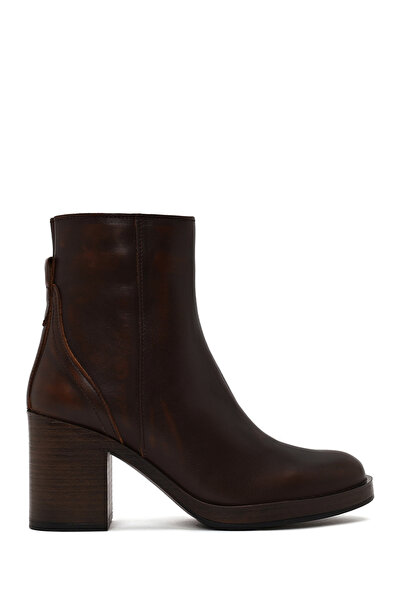 Derimod Women's Brown Zippered Thick Heeled Leather Boots Wf190059Dv