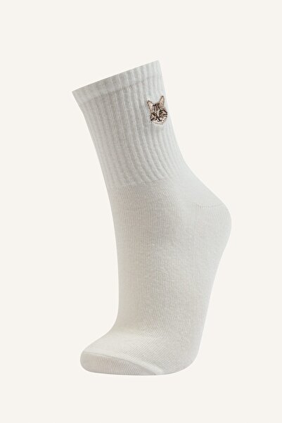 DeFacto Women's Cat Embroidered 3-Piece Cotton Ribbed Socks I6742Axns
