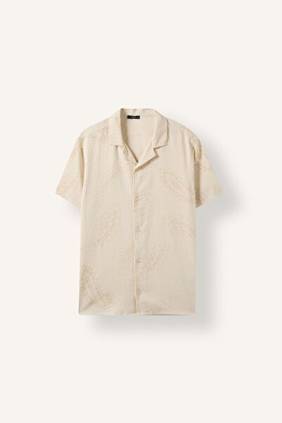 DeFacto Modern Fit Resort Collar Shawl Pattern Printed Cotton Short Sleeve Sh...