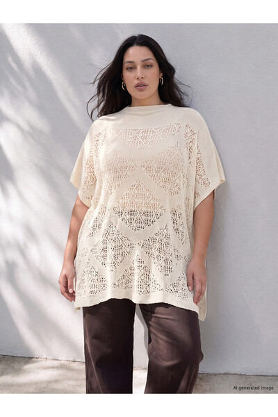 LC Waikiki Nevavm Farkıyla Lcw Curve Beige Knitwear Openwork High Neck Women'...