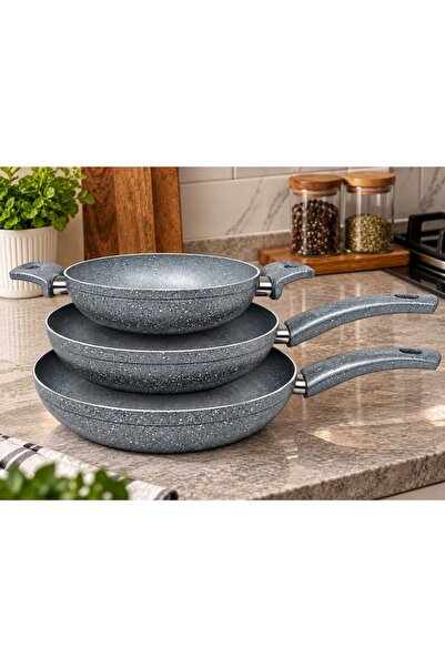 Granit 22cm Omlet / 26cm - 30cm Tava 3'lü Set Gri