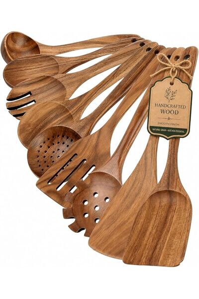 Generic 9 Piece Teakwood Kitchen Utensil Collection, Natural Solid Wood Spatu...