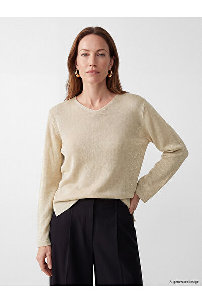 LC Waikiki Lcw Grace Ecru Knitwear Plain V-Neck Women's Sweater with Nevavm D...