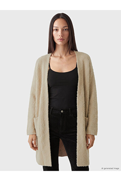 LC Waikiki Nevavm Beige Knitwear Plain Midi Women's Cardigan with a Difference