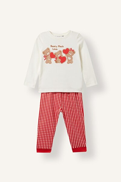 DeFacto Teddy Bear Printed Top and Gingham Bottom 2-Piece Pajama Set for Baby...