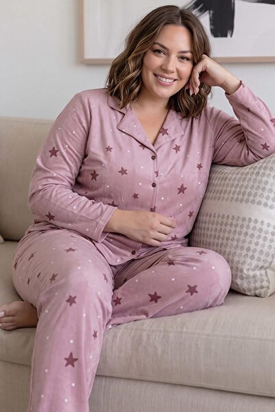 Pijamaevi Powder Stella Front Buttoned Oversized Suede Women's Pajama Set