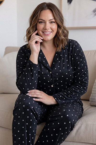 Pijamaevi Black Poeng Front Buttoned Oversized Suede Women's Pajama Set
