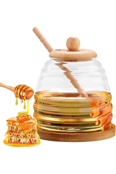 KASTWAVE 500ml Glass Honey Jar with Natural Wood Lid and Dipper, Airtight and...