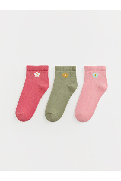 LC Waikiki Nevavm Pink Floral 3-Pack Girls' Booties Socks with a Difference