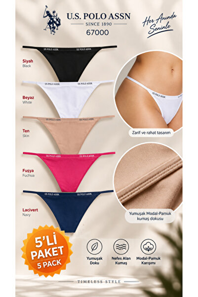 U.S. Polo Assn. Kadın, Lisanslı, Renkli , %47 Modal %47 Pamuk, 5'li String Külot