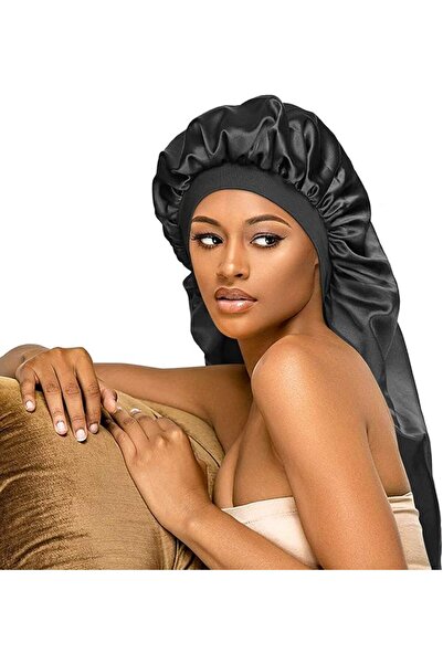 Yelajoy Extra Large Black Satin Sleep Bonnet, Wide Elastic Soft Silk Night Ca...