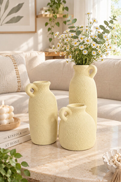 LALEZEN HOME 3LÜ TEK KULPLI VAZO SET - DEKORATİF OBJE