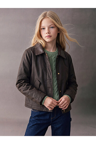 LC Waikiki Lcw Kids Khaki Leather-Look Collared Water-Repellent Jacket for Gi...