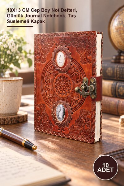 Yenilig 10 Adet Taşlı Deri Defter – 18X13 CM Cep Boy Not Defteri, Günlük Jour...