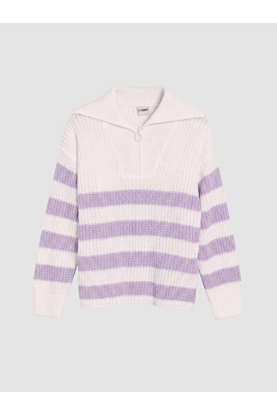 LC Waikiki Nevavm White Zippered Polo Collar Girls' Knit Sweater with a Diffe...