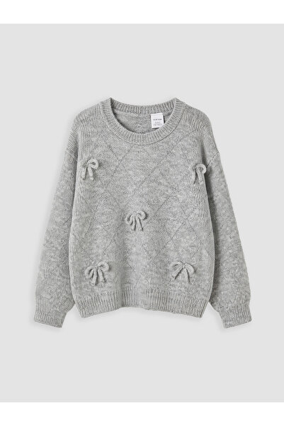 LC Waikiki Nevavm Farkıyla Lcw Kids Gray Oval Collar Bowknot Girls' Knitwear ...