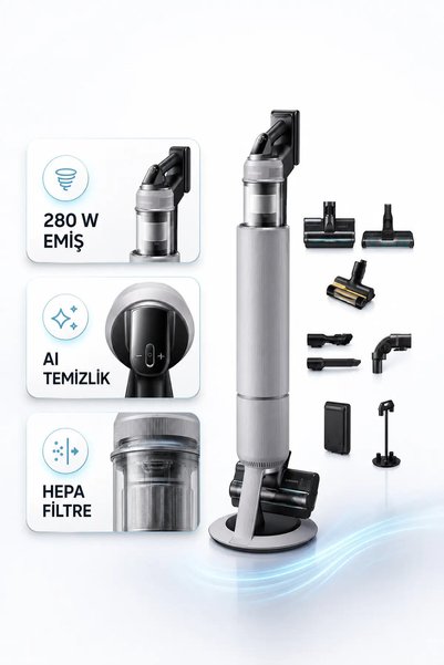 Samsung Şarjlı Dikey Süpürge Otomatik Boşaltmalı Temizleme İstasyonlu Akıllı Emiş Modu H13 Filtre Hafif