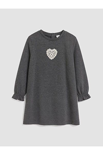 LC Waikiki Alita City Anthracite 2 Thread Embroidered Girls' Dress with a Dif...
