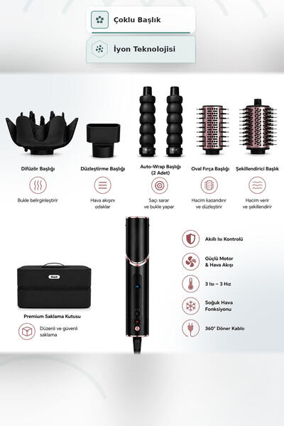 Shark FlexStyle Black Air Styler Oval Fırça Düzleştirici Fırça Difüzör Cool S...