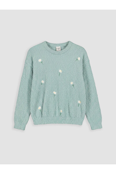 LC Waikiki Nevavm Green Oval Collar Embroidered Girls' Knit Sweater