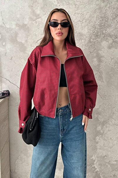 Elbee Fashion Woman Kırmızı Ekose Bomber Ceket