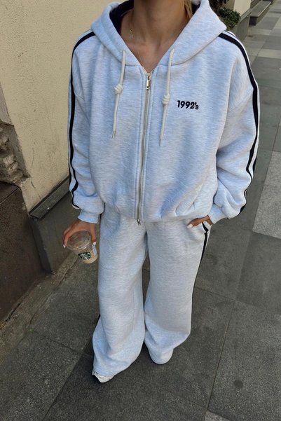 Swist Gray Hooded Oversize Bomber Sweatshirt and Double Elastic Wide-Leg Sweatpants Women's Tracksuit Set