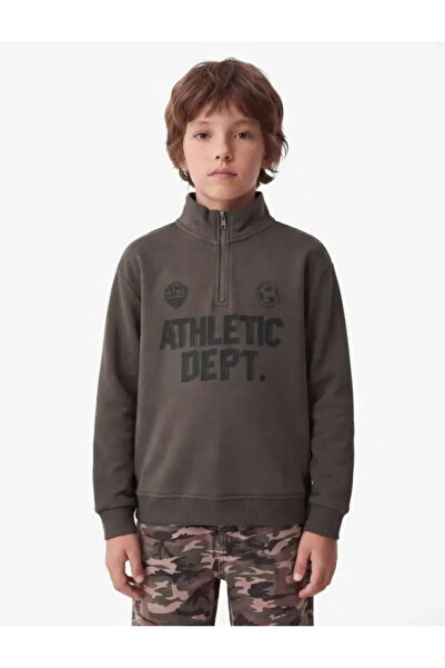 Koton Printed Long Sleeve Embroidered Cotton Half-Zip Stand Collar Sweatshirt