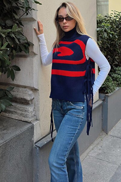 Swist Navy Blue Half Fisherman Spiral Pattern Side Tie Women's Knitwear Sweater
