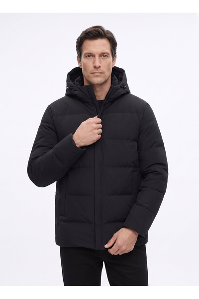 Fabrika Siyah Erkek Kapüşonlu Slim Fit Kapitone Kaban F6WM-KBN 2107