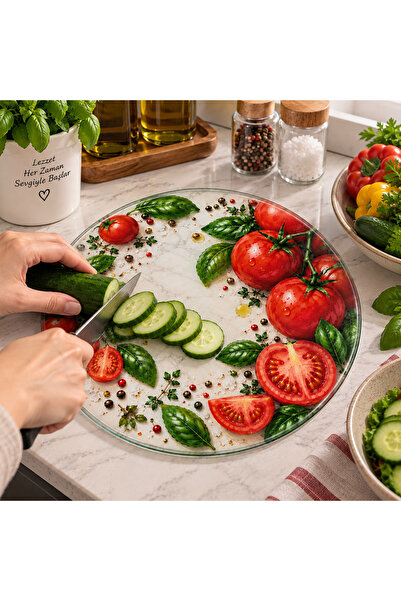 CONCEPT CAM Domates & Fesleğen Desenli Yuvarlak Cam Kesme Tahtası