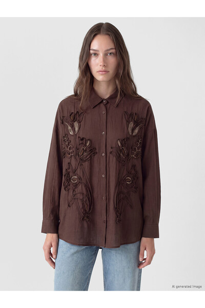 LC Waikiki Lcw Modest Brown Embroidered Women's Shirt Tunic with Nevavm Diffe...