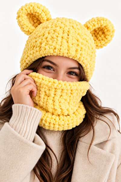 NEHOLİA Women's Young Girls Puffy Balaklava with Ears Knitted Hood Neck Colla...