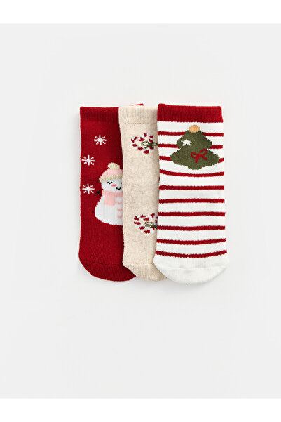 LC Waikiki Nevavm Farkıyla Lcw Baby Red Patterned 3-Pack Baby Girl Socks