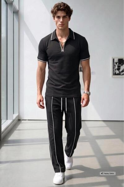 NO 601 Men's Black-White Ribbed Lisbon Collar T-Shirt Double Ribbed Sweatpant...