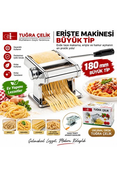 TUĞRA ÇELİK Orjinal Erişte Makinesi 180'LİK Büyük Tip Makarna Makinesi Paslanmaz Çelik Manuel