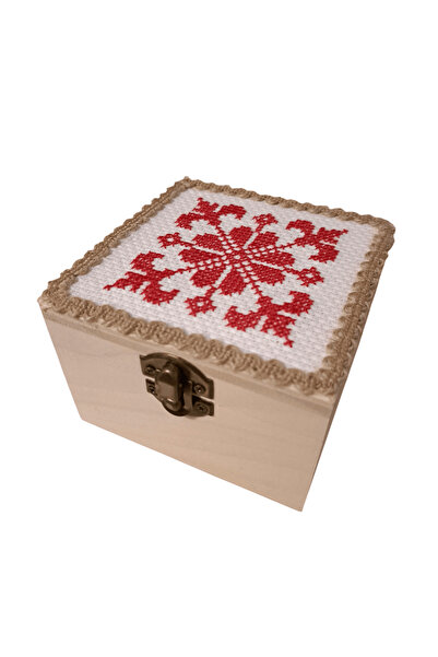Generic Brand Cufăr natur simplu din lemn decorat cu etamină – 10x10x5cm – rosu
