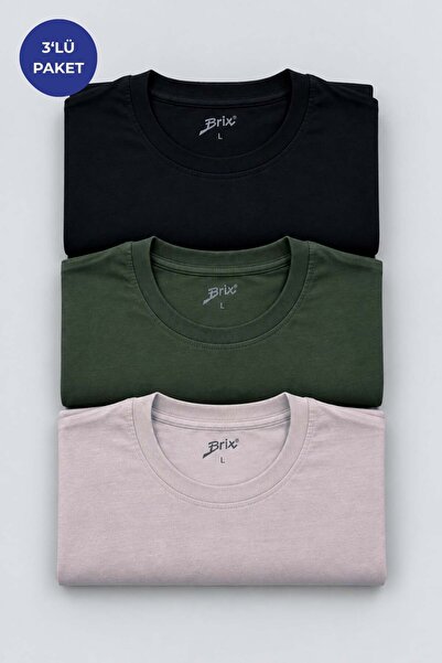 Brix Tricou pentru bărbați, 3 piese, 100% bumbac, negru/verde/bej
